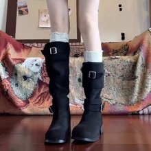 美拉德褶皱堆堆靴女粗跟厚底长靴2025西部牛仔鞋百搭增高骑士靴女