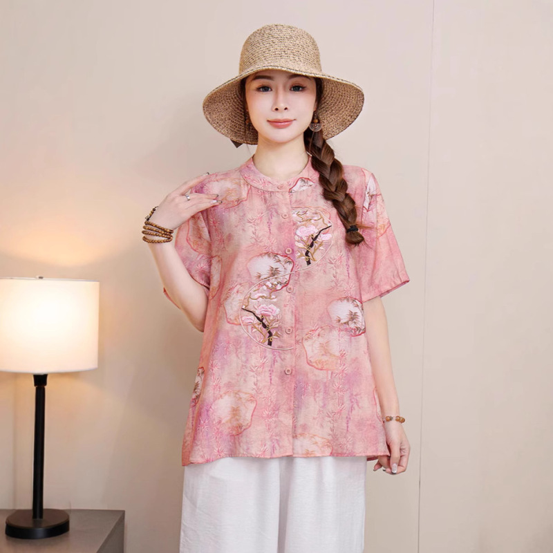 2025 New Chinese Style Women's Short Sleeve Top Improved Hanfu Zen Tea Clothes Dance Clothes Travel Clothing Retro Summer