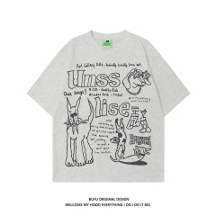 25sアメリカ式ヒップホップ落書き子犬純綿半袖tシャツ男女国潮牌小衆カジュアルゆったりカップル半袖