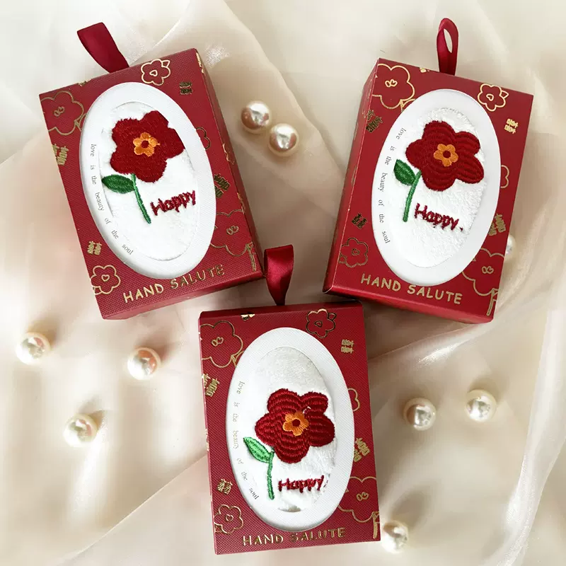 涤锦珊瑚绒婚礼伴手礼毛巾小清新小花螺纹包边可挂礼品毛巾