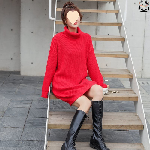70-Thick medium and long lazy red high-neck sweater for women's autumn and winter loose large size student coat