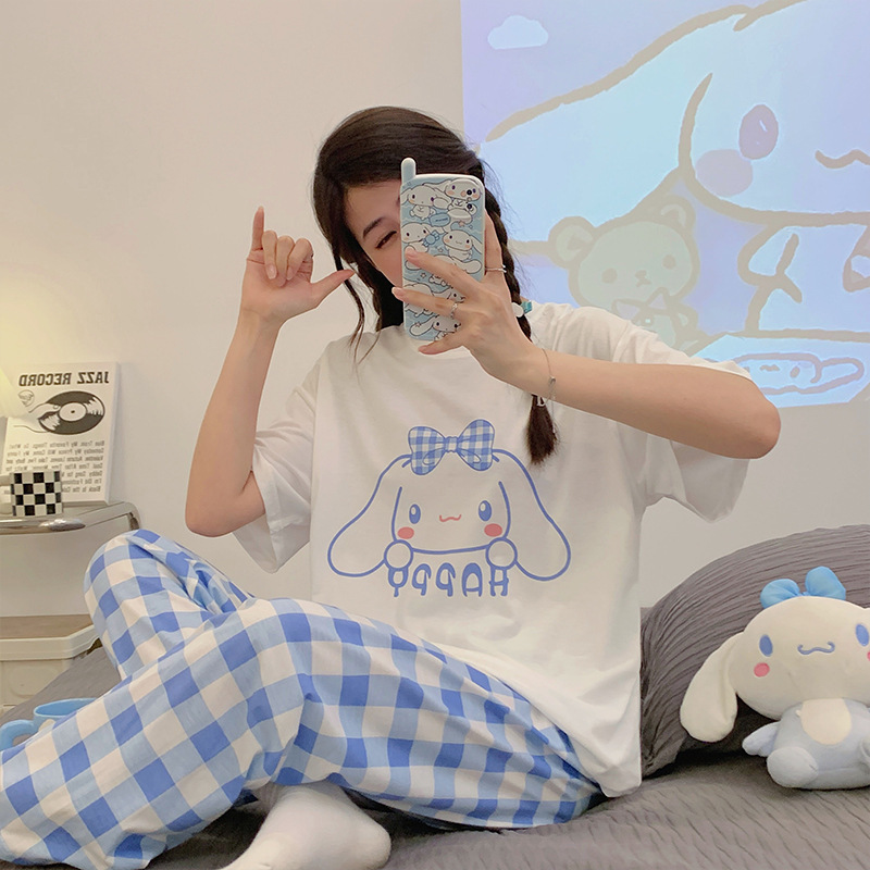 Short-Sleeved Long Pants Pajamas for Women, Knitted Cotton Round Neck Cartoon Cute Home Clothes 2026 Korean Style Casual Home Clothes Summer