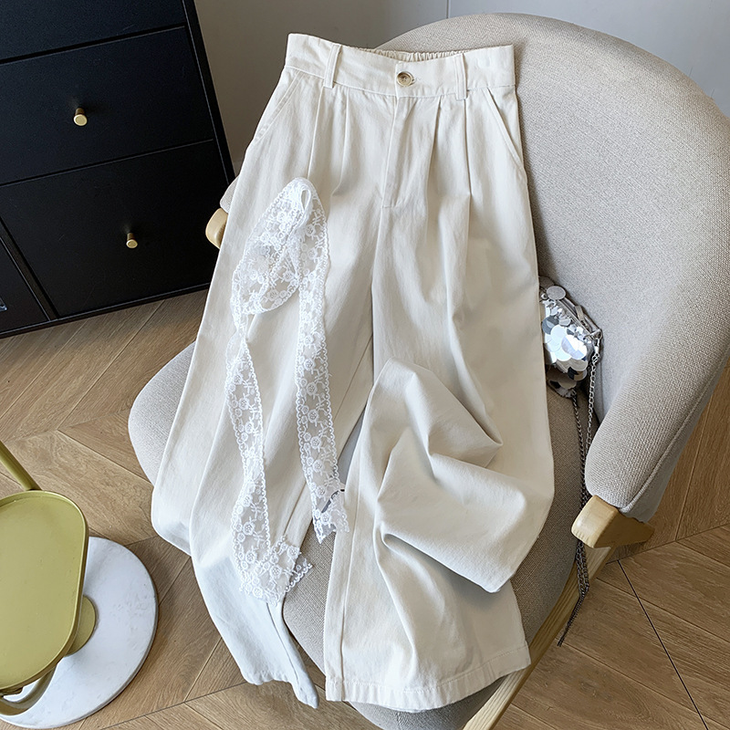 2025 Korean Style High-Waisted Design with Lace Belt Casual Pants Versatile Slimming Elegant Straight Wide-Leg Pants for Women