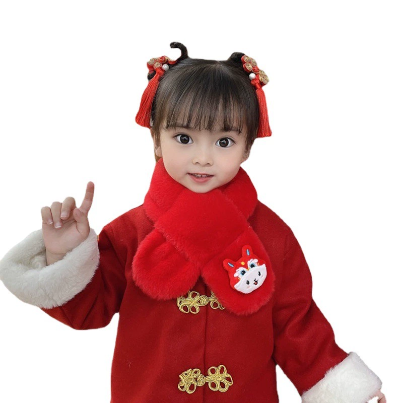 Новогодний красный детский плюшевый шарф, утепленный, из искусственного кроличьего меха, для мальчиков и девочек, зимний праздничный шарф-грелка для шеи