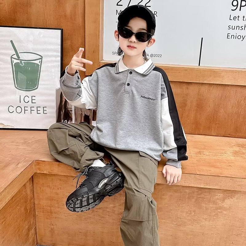 秋季童裝男童簡約Polo衫拼接T恤衛衣兒童長袖寬鬆上衣學院風炸街