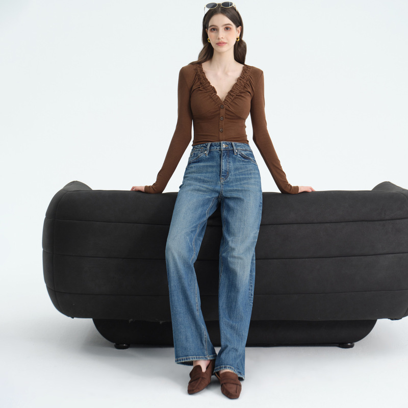 【Two Colors】Luxury Cotton Jeans for Women, Blue Stretch Mid-Waist Slim-Fit Workplace Commuting Narrow Straight-Leg Pants, Trendy