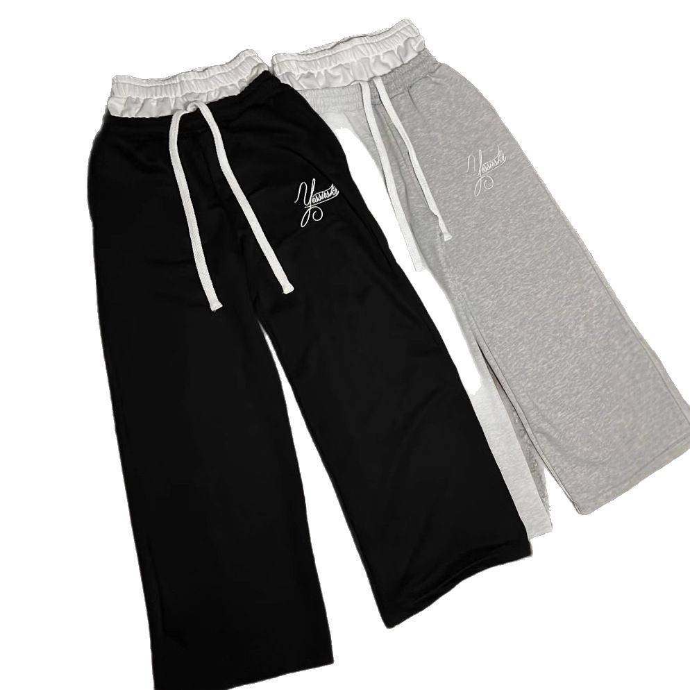 Pantalones deportivos grises de doble cintura para hombre, estilo hip-hop, holgados, de pierna ancha, informales, de talle alto y ajuste holgado.