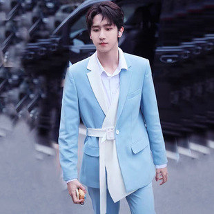 Men's Fresh Blue and White Slim Belt Suit Stage Catwalk Singer Performance Suit Men's Fashion Dress Suit