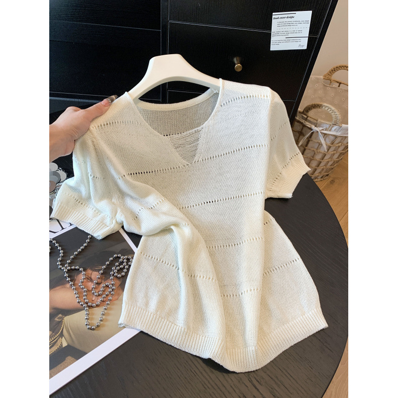 Line Texture Loose Hollow-Out Knit Top 2026 Spring/Summer Exquisite Tassel V-Neck T-Shirt for Women Line Texture Loose Hollow-Out Knit Top 2026 Spring/Summer Exquisite Tassel V-Neck T-Shirt for Women