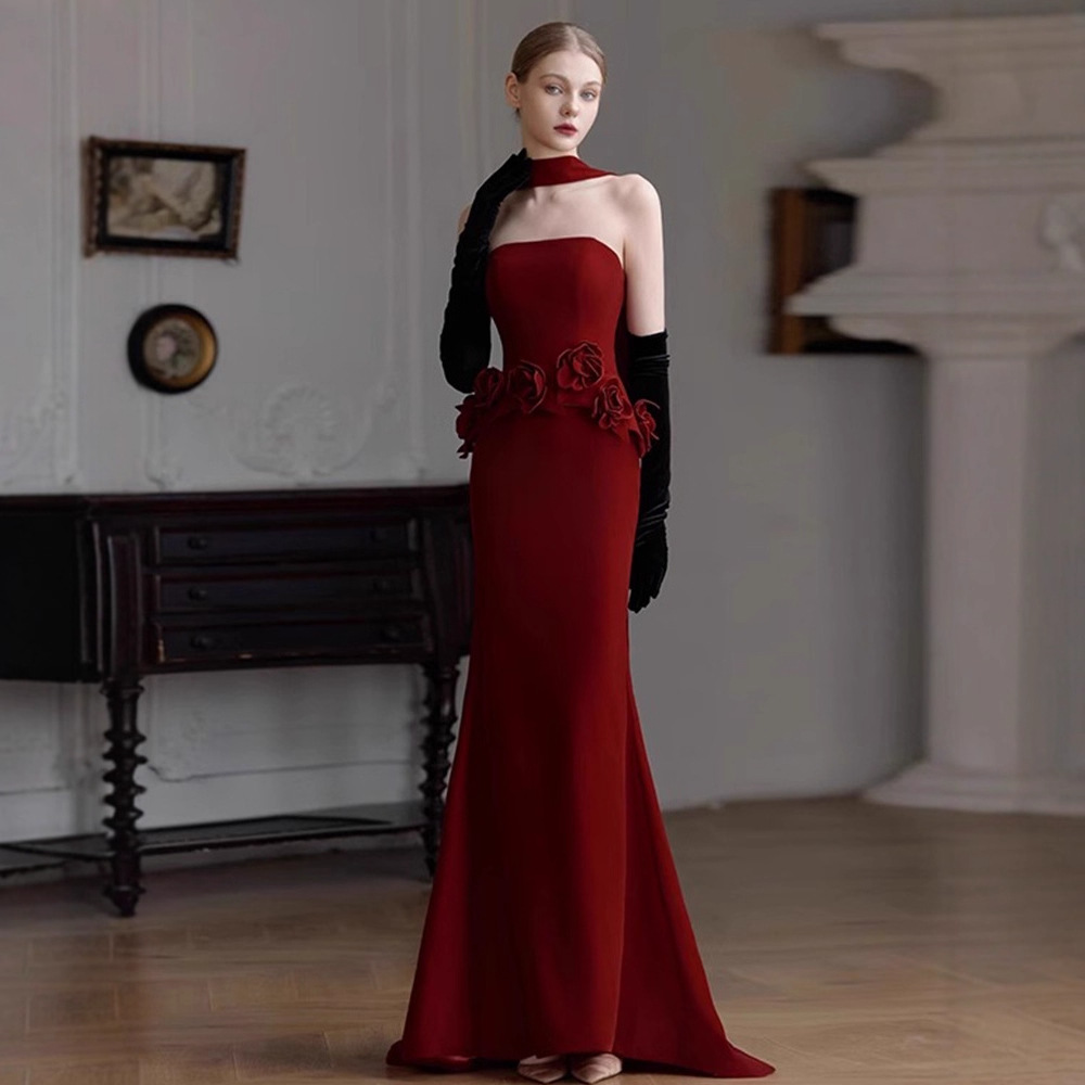 Mermaid-Style Toast Dress for Bride 2026 New Model Strapless Morning Robe for Women, High-End Wine Red Wedding Engagement Banquet Gown