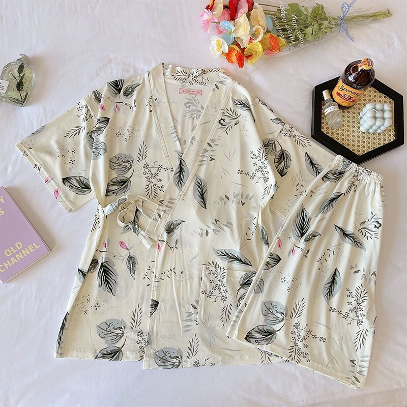 Pijamas al por mayor transfronterizos para niñas, pantalones cortos de manga corta con estampado de cuello de kimono de algodón de imitación de verano, traje de dos piezas, ropa a domicilio