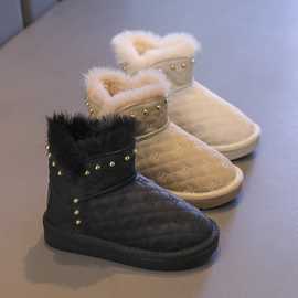 女童雪地靴2023冬季新款保暖棉鞋儿童加绒加厚皮面棉靴小女孩短靴
