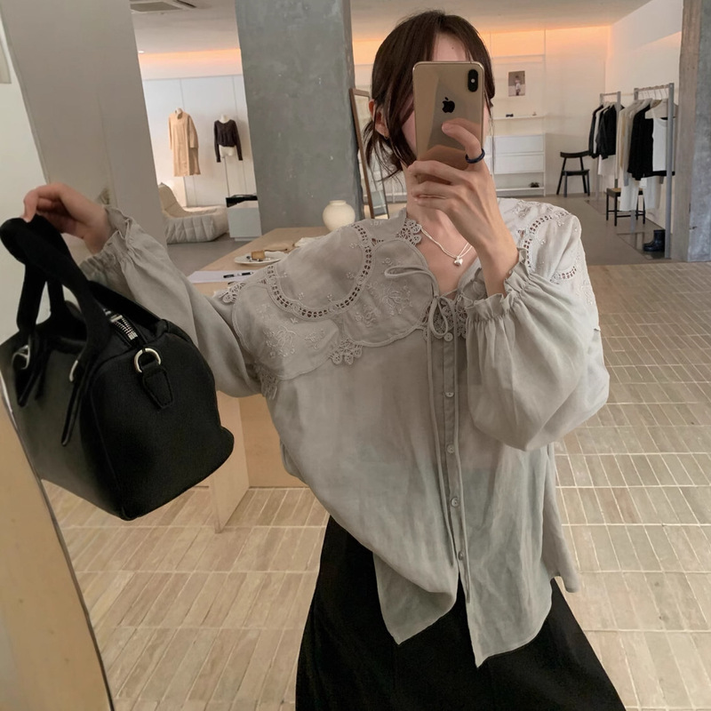 2026 Early Spring New Korean Style French Elegant Versatile Hollow-Out Carved Lace Splicing Long-Sleeved Loose Shirt for Women 2026 Early Spring New Korean Style French Elegant Versatile Hollow-Out Carved Lace Splicing Long-Sleeved Loose Shirt for Women