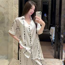 冰雪丝短袖开衫衬衫领V领短裤长裤家居服简约休闲夏季睡衣两件套