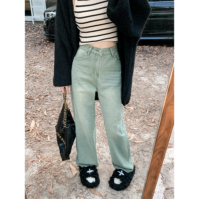 American high street wide leg jeans women's spring 2024 retro high waist niche design straight mop long pants