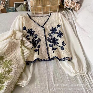 New French style retro bubble sleeve embroidered chiffon lace shirt artistic design sense niche outdoor sun protection shirt fashion