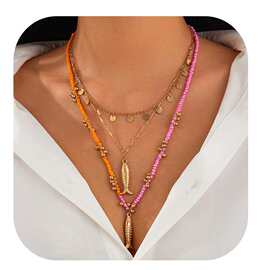 欧美跨境饰品个性鱼项链叠戴风圆片串珠多层小鱼贝壳吊坠锁骨链女