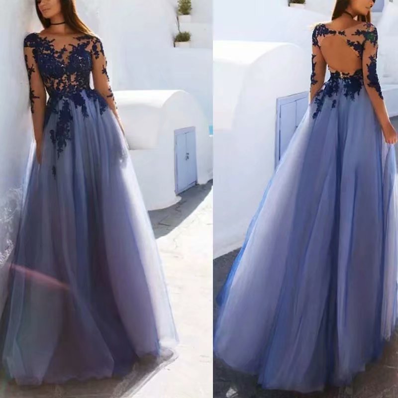 Comercio exterior de Europa y América Amazon AliExpress deseo encaje cuello redondo vestido de noche manga larga vestido de banquete vestido largo