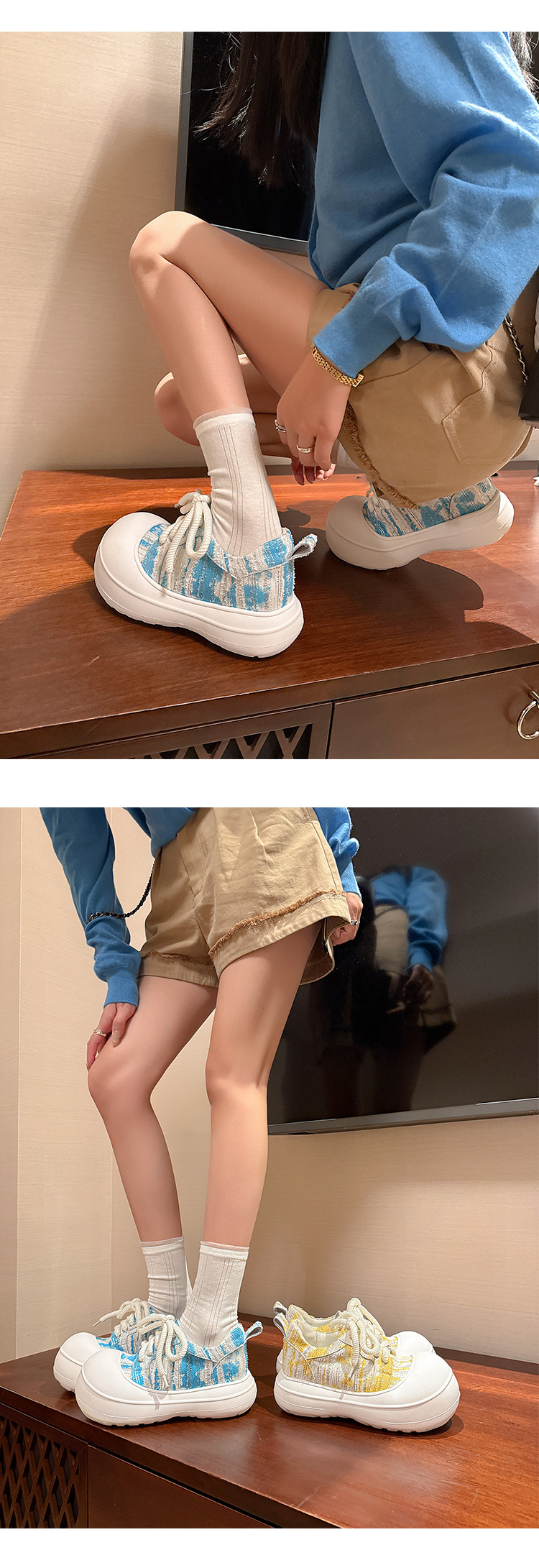 Giày loafer nữ đế xuồng platform 5cm, mũi tròn buộc dây, da thật — xanh lam, màu vàng chi tiết 18