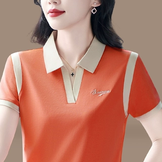高级短袖t恤女夏2026新款洋气妈妈条纹polo衫纯棉宽松显瘦上衣潮