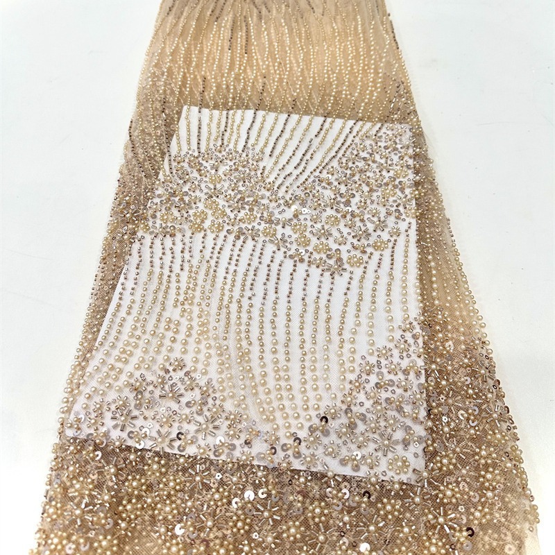 Industria pesada ligera lujoso vestido de boda tridimensional vestido de moda cena larga tela bordada alta perlas tela de lenteja