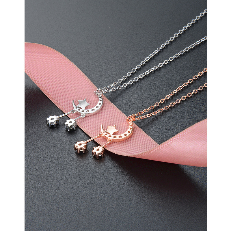 Diamante Rosa estrella de oro s925 collar plata estilo japonés y coreano dulce moda ZIRCON Luna cadena colgante al por mayor