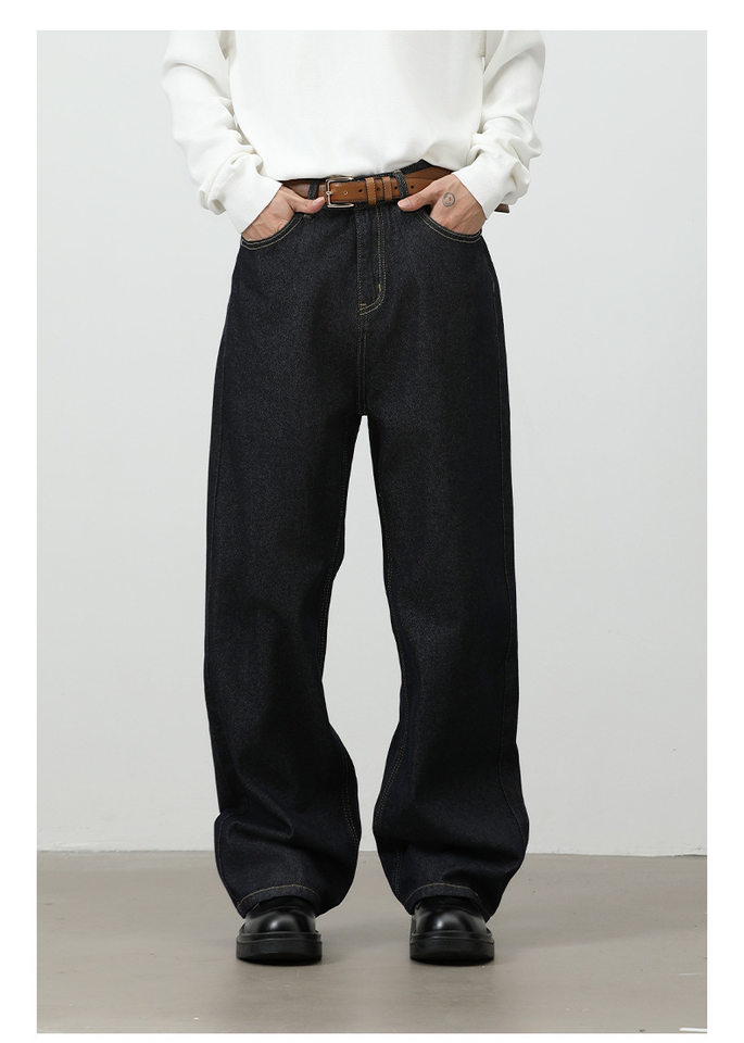 Quần jean denim nam dáng rộng ống thẳng Mỹ — Denim đen, màu xanh denim chi tiết 4
