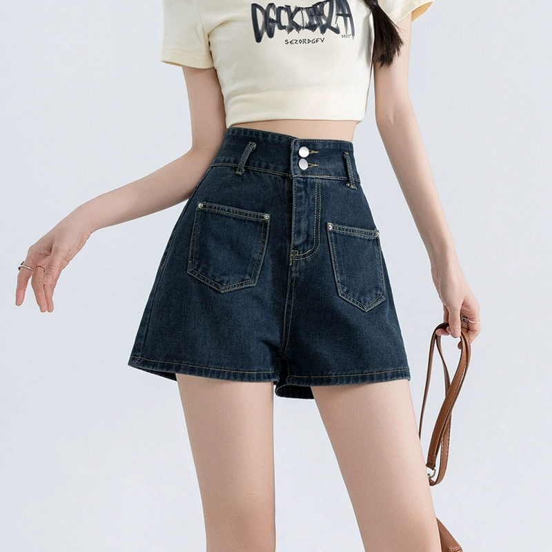 На самом деле 2025 Летние толстые толстые шорты MM джинсовые шорты женский корейский вариант с высокой талией с двумя пряжками свободные широкие ножки горячие штаны