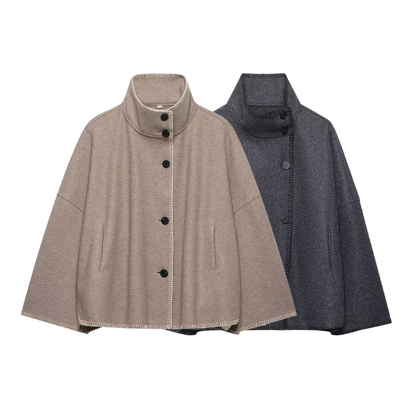 Pb&Za Cross-Border Foreign Trade New Women's Casual Single-Breasted High-Neck Long-Sleeve Embellished Blended Coat 7522051