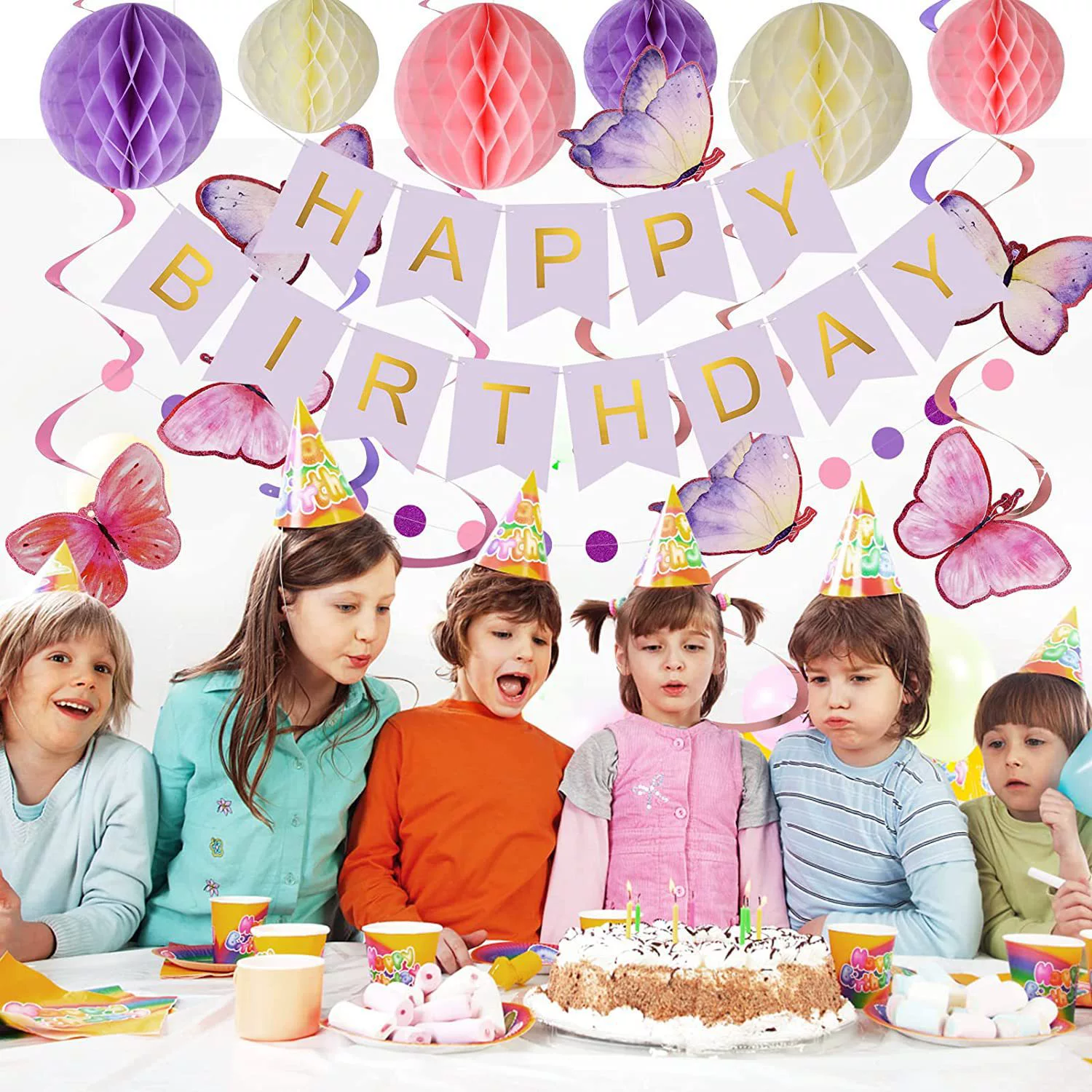 Новый фиолетовый бабочка тянет цветок шампур девушка день рождения украшения день рождения флаги бумажный цветочный шар набор воздушных шаров