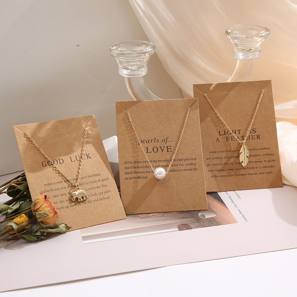 creative pearl feather retro letter paper card butterfly elephant cat necklace wholesale