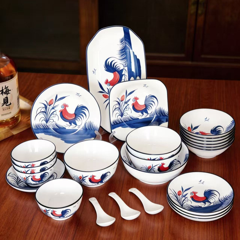 Retro Ceramic Rooster Bowl for Home and Commercial Use, Chinese-Style Rice Bowl, Noodle Bowl, Soup Bowl, Rooster Dish Plate, Tableware, National Trend