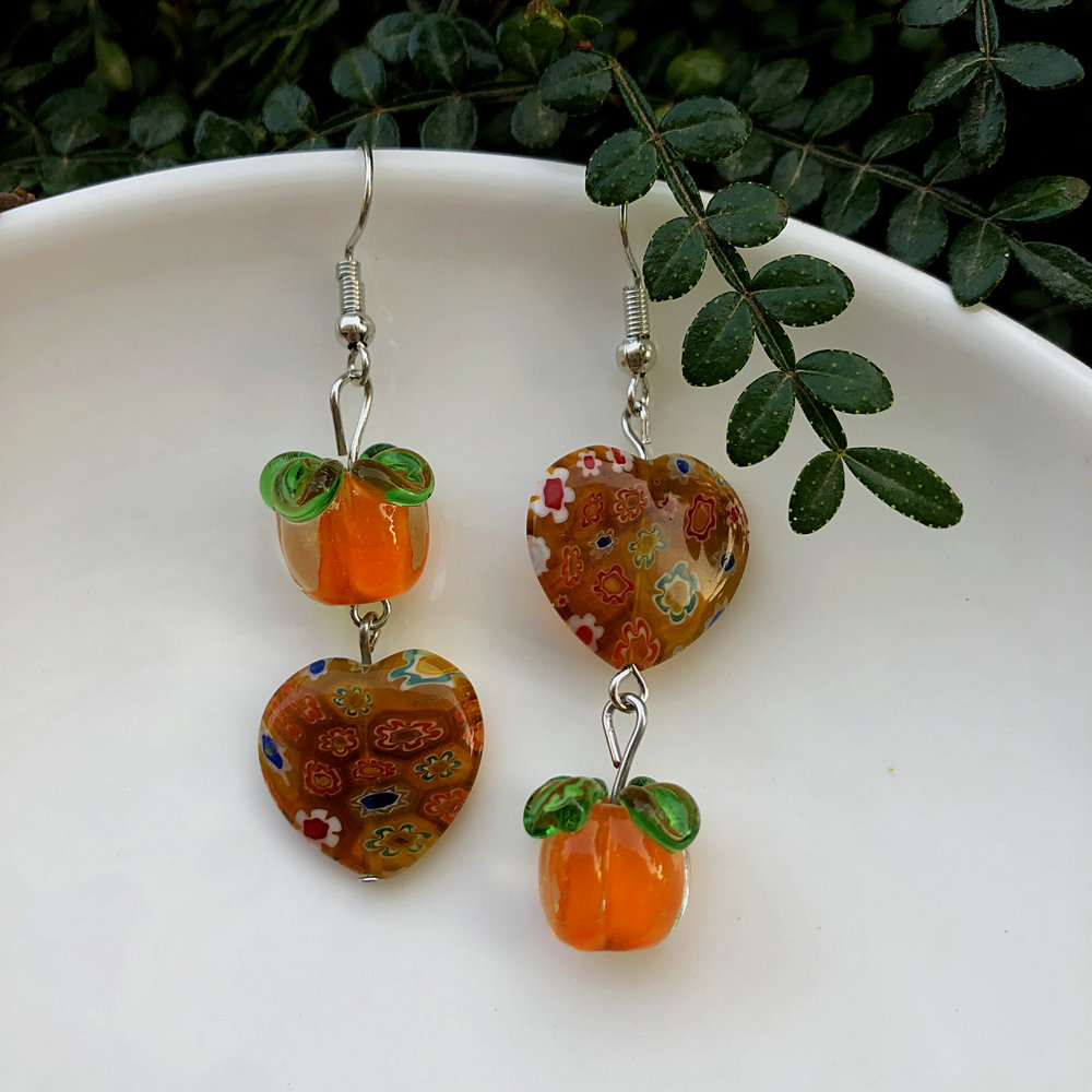 15g Weight Alloy Ear Needle Material Drop Earrings Classification 1 Pair Quantity Daily Occasion Glass, Metal Material Persimmon, Heart Shape, Flower Pattern All Seasons Season Women's Gender Polished Finish Asymmetrical Design Cute Style 1 Pair Cute Persimmon Heart Shape Flower Asymmetrical Glass Metal Drop Earrings 3