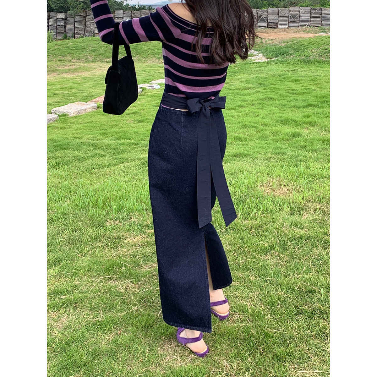 诠释美 NEW OPEN半身裙女秋款后面开叉绑带高腰包臀牛仔长裙80011