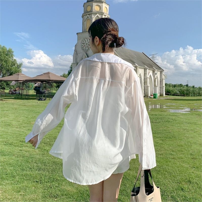 Sun Protection Shirt with a Super Fairy-Like Feel, 2025 New Model with Back Slit, Summer Thin Style, Lace-Up, Slightly Sheer, Tie-Up, Loose Long-Sleeve Shirt