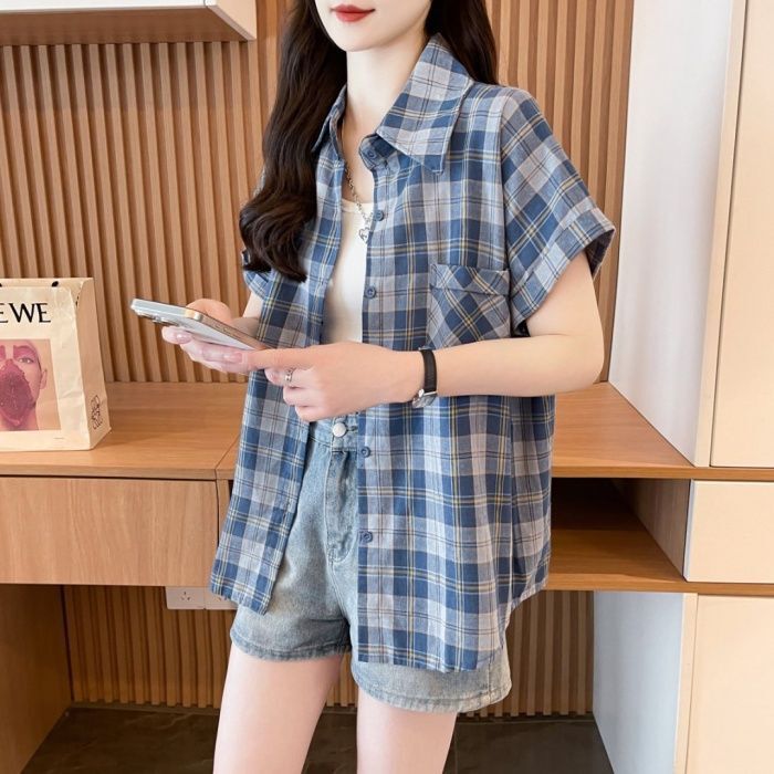 ブルーチェック柄ショルダー半袖シャツ女性のための 2025 夏の新しいファッションシャツルーズカジュアル通気性トップ|undefined