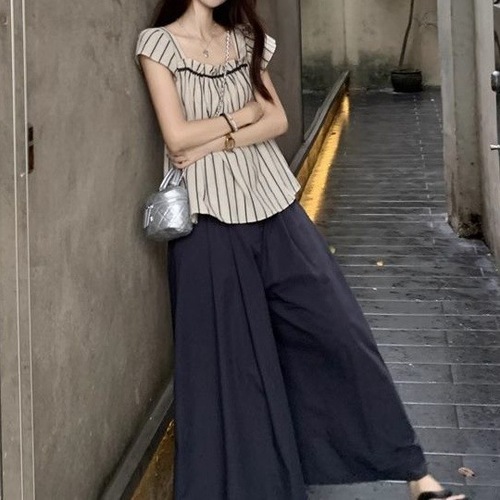Laid-back Korean-style 2025 set for women, retro striped fly sleeve blouse with summer loose wide-leg casual pants, two-piece set