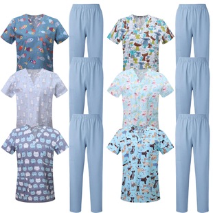 V-Neck Short-Sleeved Printed Hand-Washing Clothes for Male and Female Doctors Summer Operating Room Quick-Drying Work Clothes Suit Scrub Clothes Wholesale
