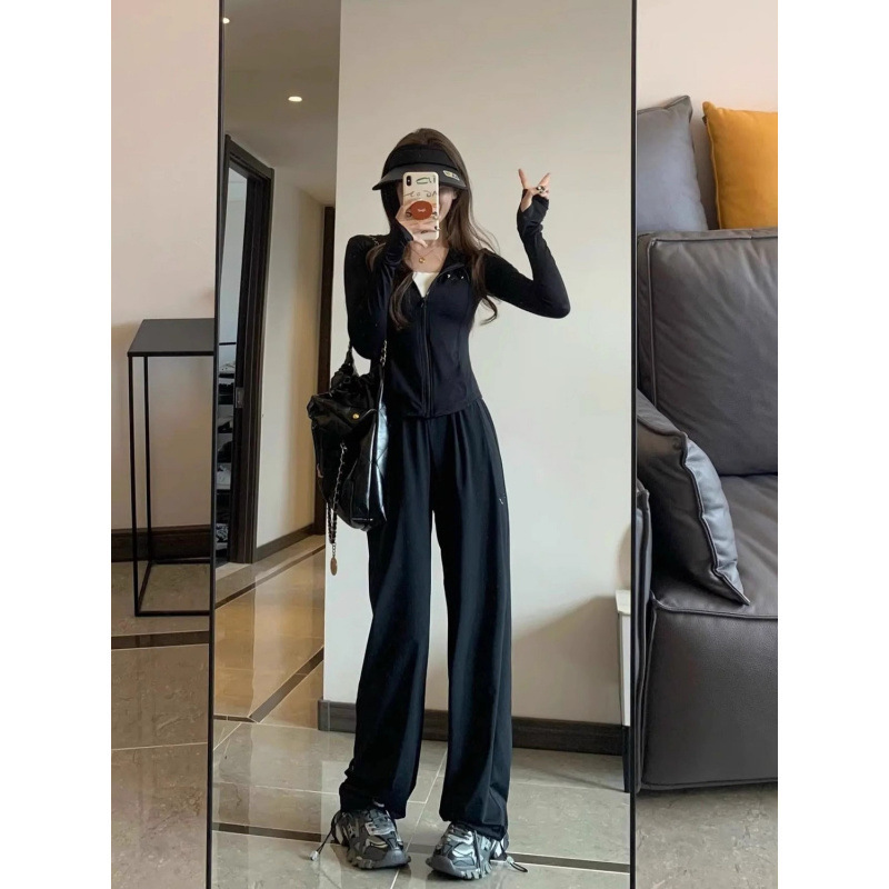 Black Ice Silk Sun Protection Clothing Casual Sportswear Suit Women's Summer Thin Waist Slimming Elegant Fashion Two-Piece Set