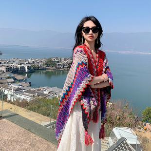 Autumn and winter ethnic style mohair shawl Women's Travel Qinghai Xizang photo scarf temperament outside Cape