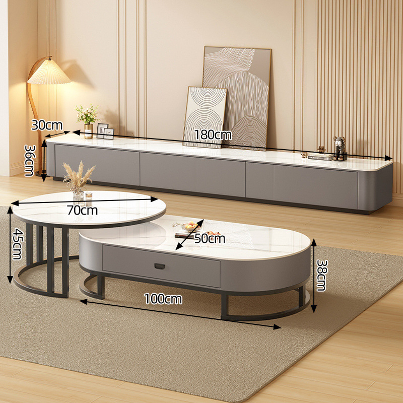 [블랙 프레임 그레이 캐비닛] 70 라이트 럭셔리 화이트 원형 테이블 + 1.8m TV 캐비닛