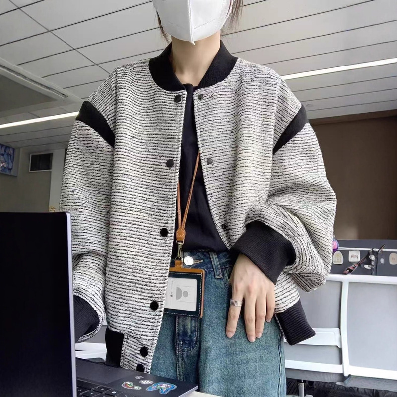 Gray Commuting French Retro Chanel Style Jacket for Petite Women, Spring and Autumn 2025 New Loose Baseball Jacket