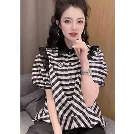 美式女装2-300斤胖m韩系减龄Polo领衬衣设计感泡泡袖欧货短袖上衣