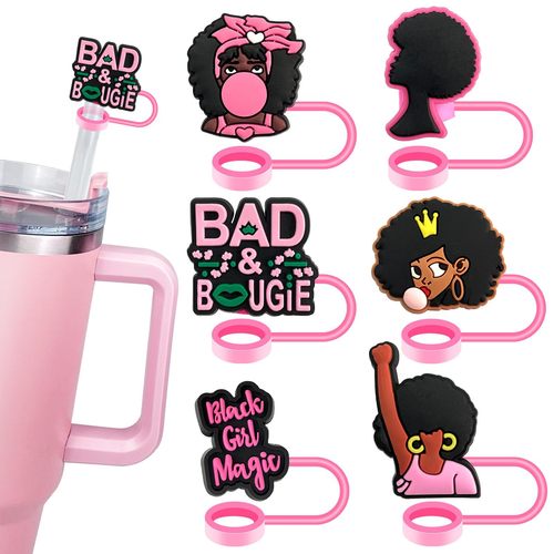 Cross-border Black Girl Series Pink 10mm Creative Personalized Soft Rubber Straw Cover Decorative Accessory Dust Plug