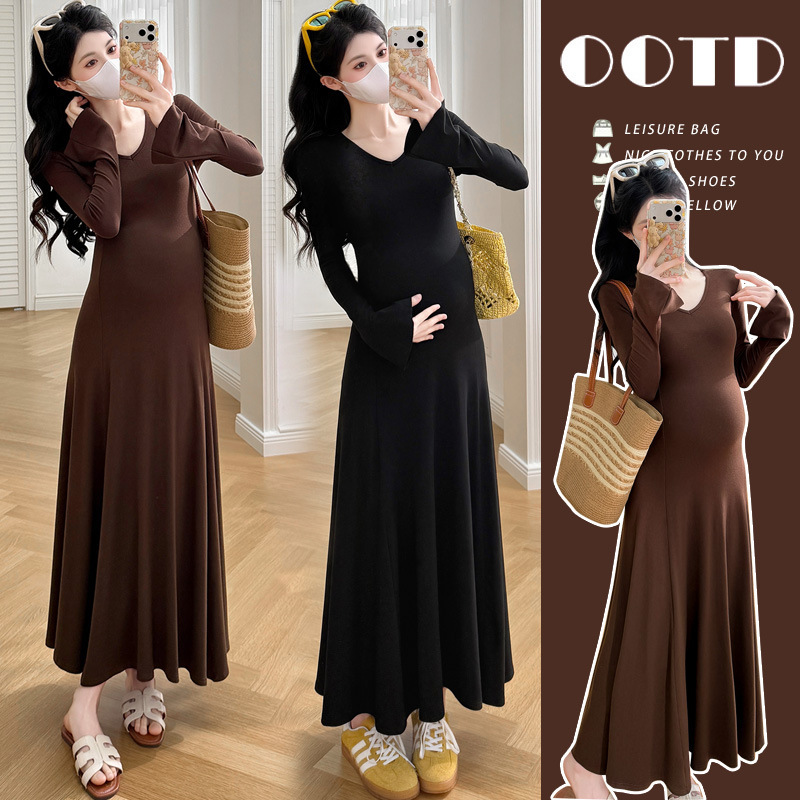 French-Style Long Dress for Pregnant Women 2026 Fashionable and Elegant Maternity Wear New Spring Style Beautiful Dress for Pregnant Women Stylish Dress