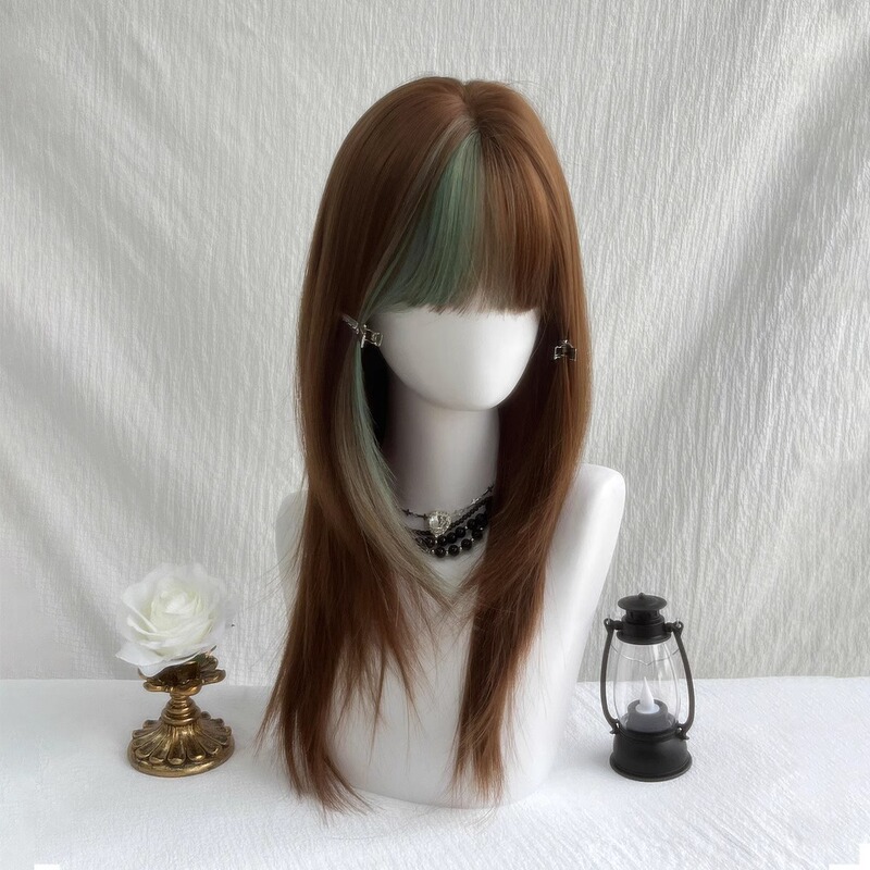 Mint Green Wig with Brown Highlights and Bangs for Women, Similar to the Style Worn by Actress Jingyi Mint Green Wig with Brown Highlights and Bangs for Women, Similar to the Style Worn by Actress Jingyi