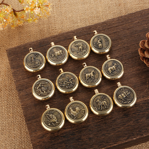 Brass one side with patron saint and one side with 12 zodiac sign rotating key chain accessory to transfer money 12 zodiac sign decompression handle piece