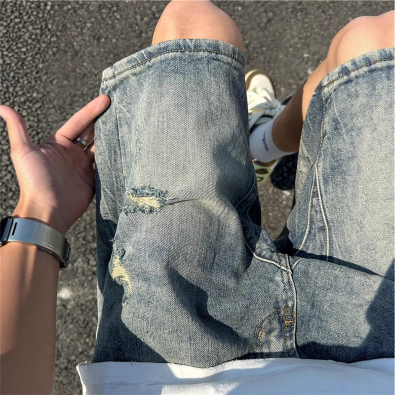 Men's Ripped Denim Shorts, Summer Thin Style, American Retro Washed Trendy Brand, Cool and Stylish, Loose Casual Knee-Length Shorts
