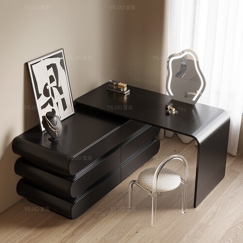 Italian Minimalist Dresser with Integrated Nightstand Bedside Cabinet, Luxury Modern Simple Black Wood Vanity