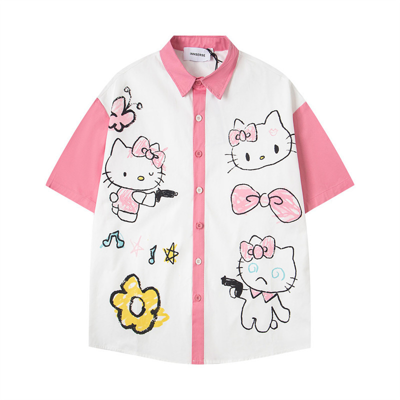 Japanese-Style Fun Hello Kitty Cartoon Embroidered Short-Sleeve Shirt for Men with Unique Design and Color-Blocking Graffiti Summer Shirt